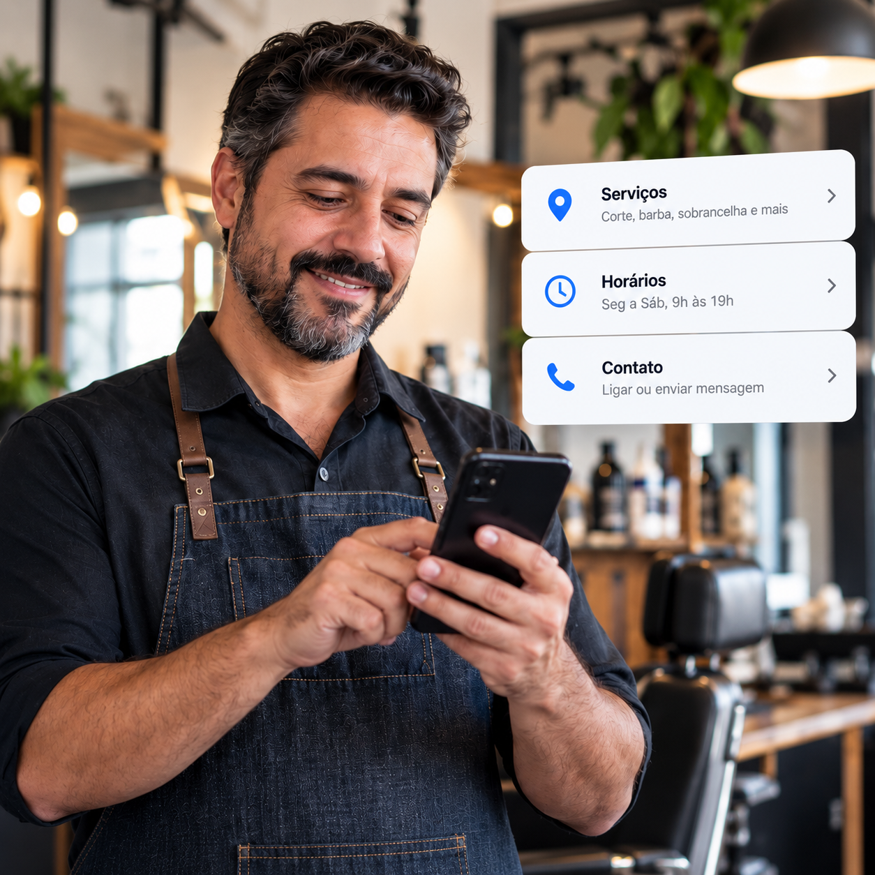 Empresário consultando o celular; ao lado, cartões ilustrativos de serviços, horários e contato.
